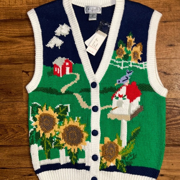 P’ Galli Designs~Blue/Green Medium Vest W/Sunflower & Barn Scene Embroidery (New - Picture 12 of 14